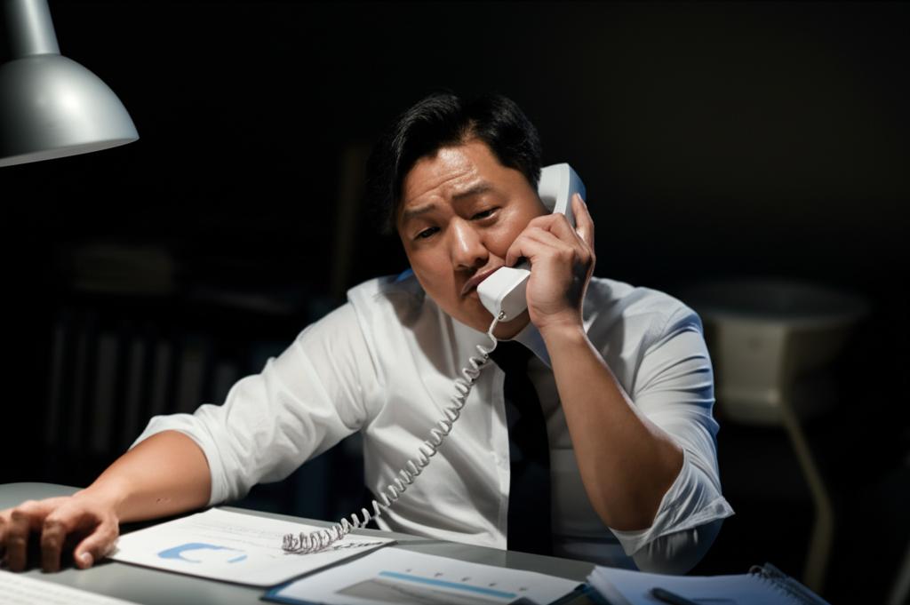 Realistic photo of a middle-aged Asian businessman looking stressed and tired, sitting at a desk with paperwork and a phone, late at night. Dim lighting.