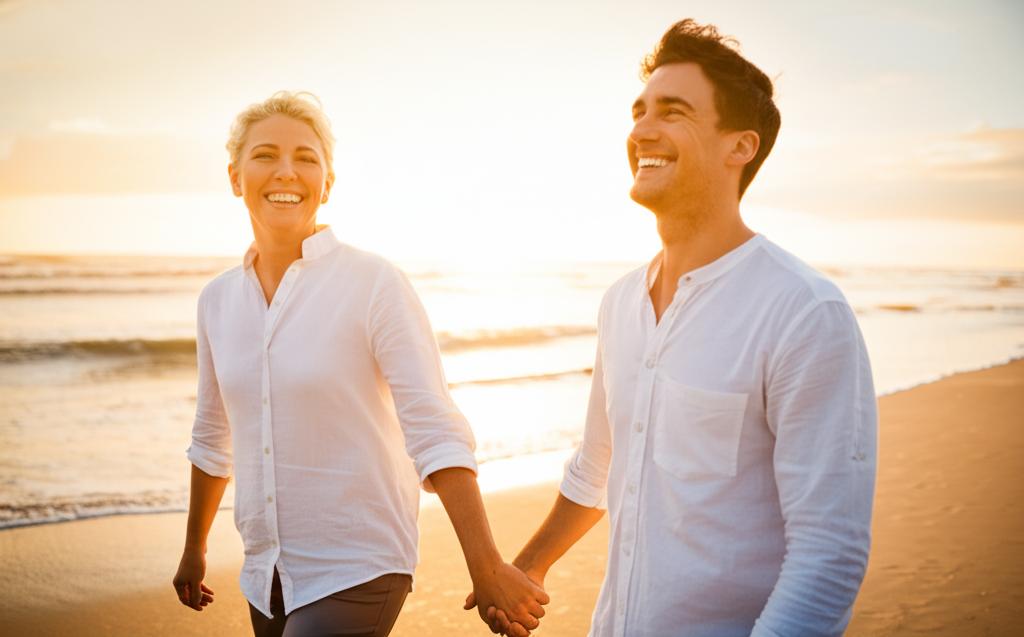 A couple smiling and holding hands, representing the restored intimacy and connection after using a natural vitality enhancer. prompt: A vibrant image of a couple smiling and holding hands, walking along a beach at sunset. The scene is full of warmth and happiness, symbolizing restored intimacy and connection.