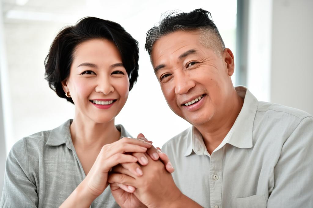 A middle-aged Asian couple holding hands and smiling warmly at each other, sitting close together, feeling of renewed connection and happiness, soft lighting, realistic photo