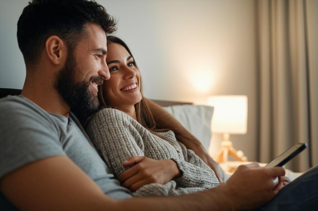 A happy couple embracing in bed, smiling at each other. Soft, romantic lighting. Photorealistic style.