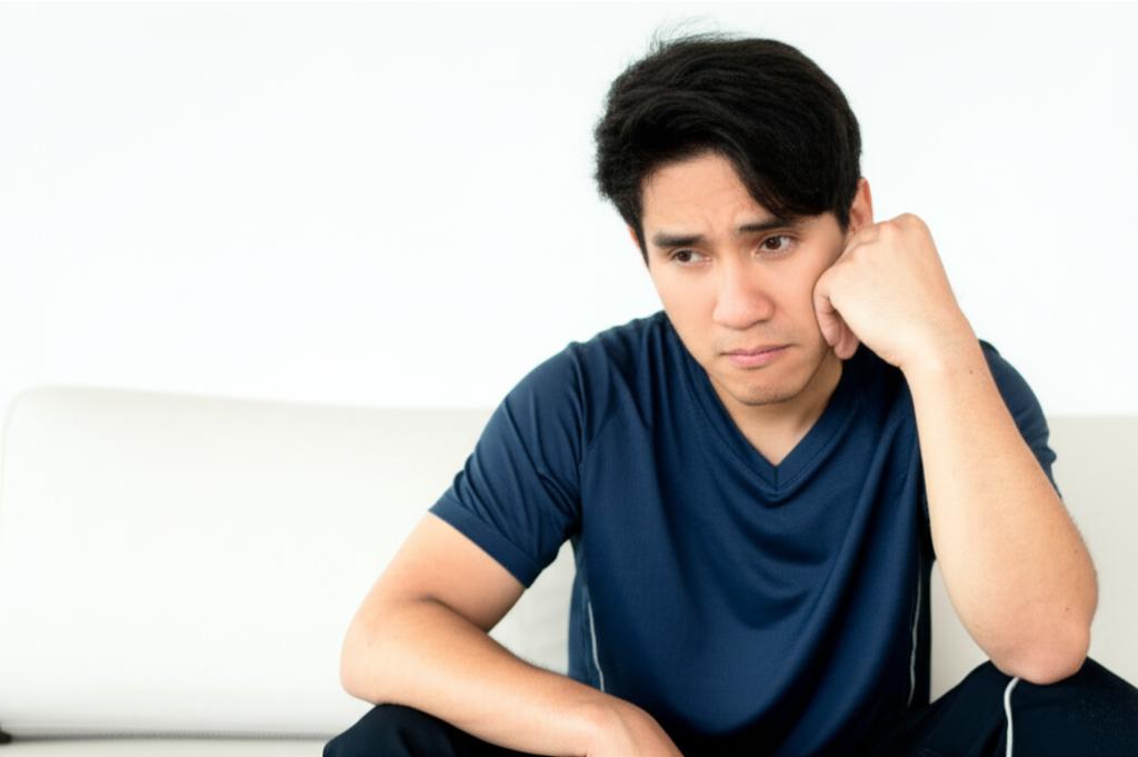 A man sitting alone looking thoughtful and slightly concerned about his energy levels and vitality