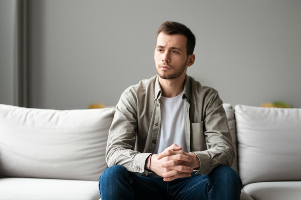 ai prompt: A man sitting on a sofa looking thoughtful or slightly worried, representing common post-marriage concerns.