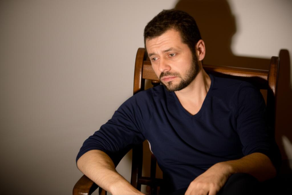 man looking frustrated and tired, sitting alone, low energy, dim lighting