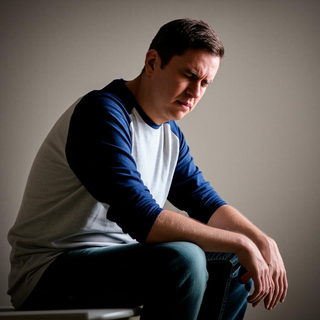 Man looking tired and frustrated, sitting alone, feeling low energy and self-doubt, realistic style, soft lighting