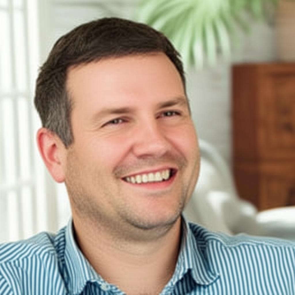 A middle-aged man smiling confidently, looking energetic and happy, perhaps in a home or relaxed setting