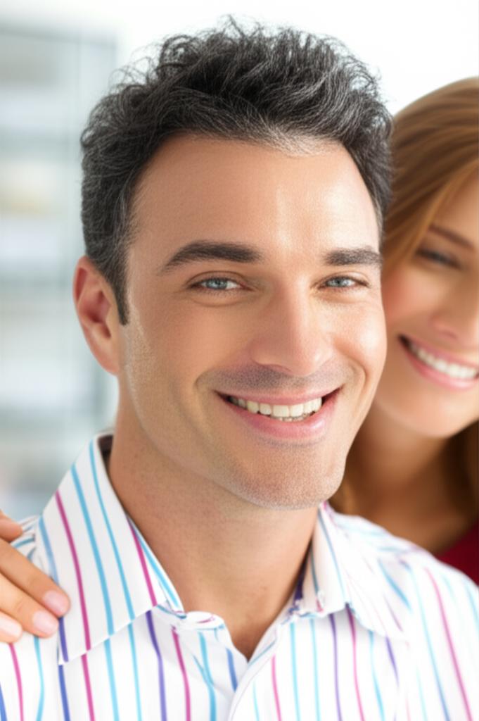 A man smiling confidently, looking energetic and happy, perhaps with a positive relationship dynamic implied in the background