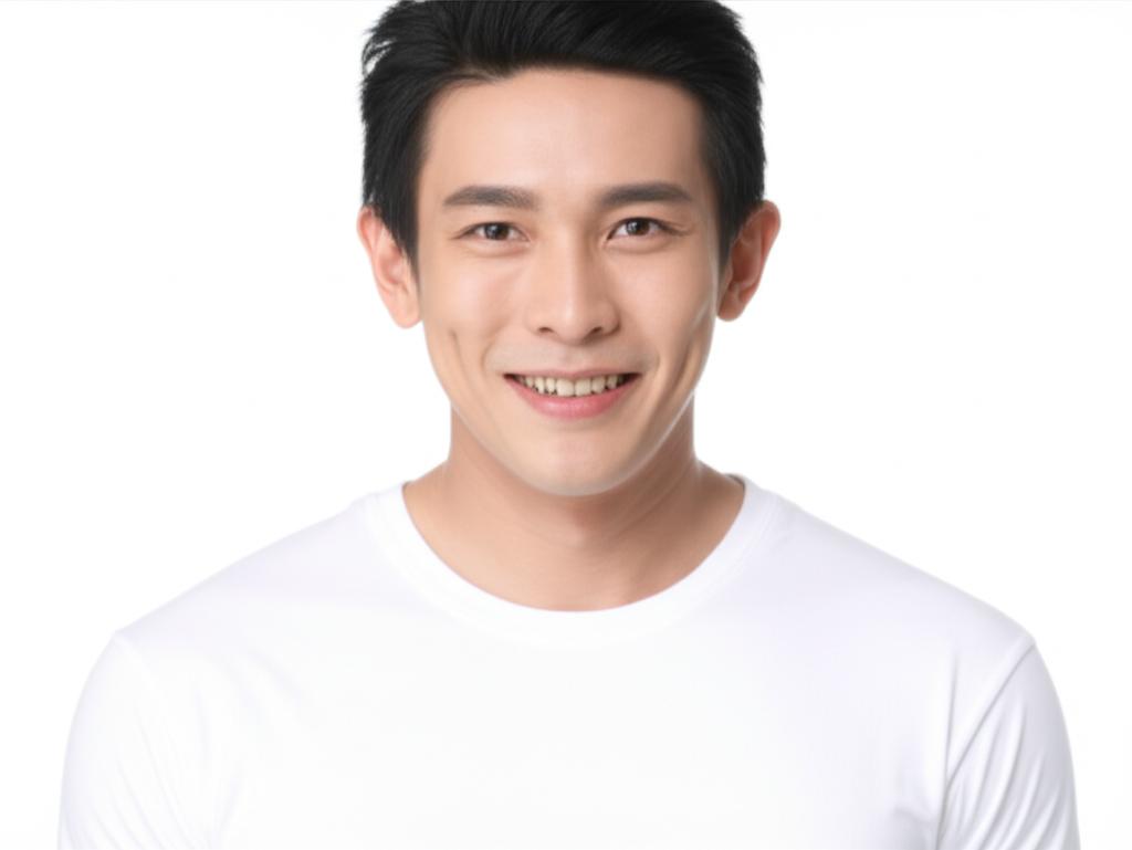 asian man smiling confidently, looking energetic and healthy, bright background