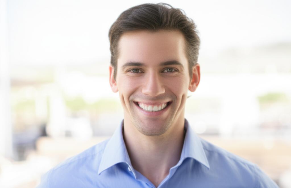 Man looking energetic and confident, smiling, enjoying life with renewed vigor, realistic style, bright lighting